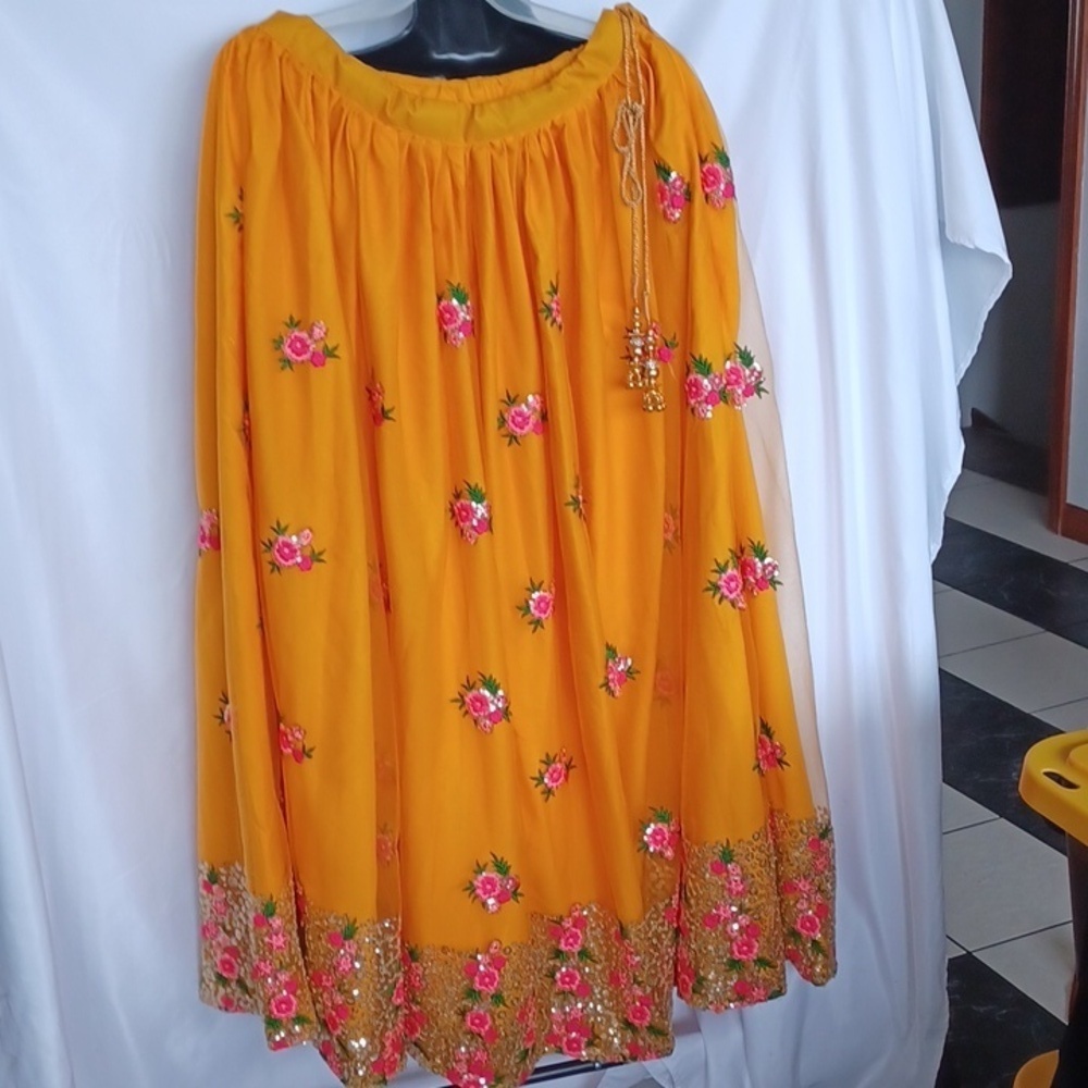 Embroidered Yellow Floral Lehenga Skirt Indian Wedding Bollywood Ethnic